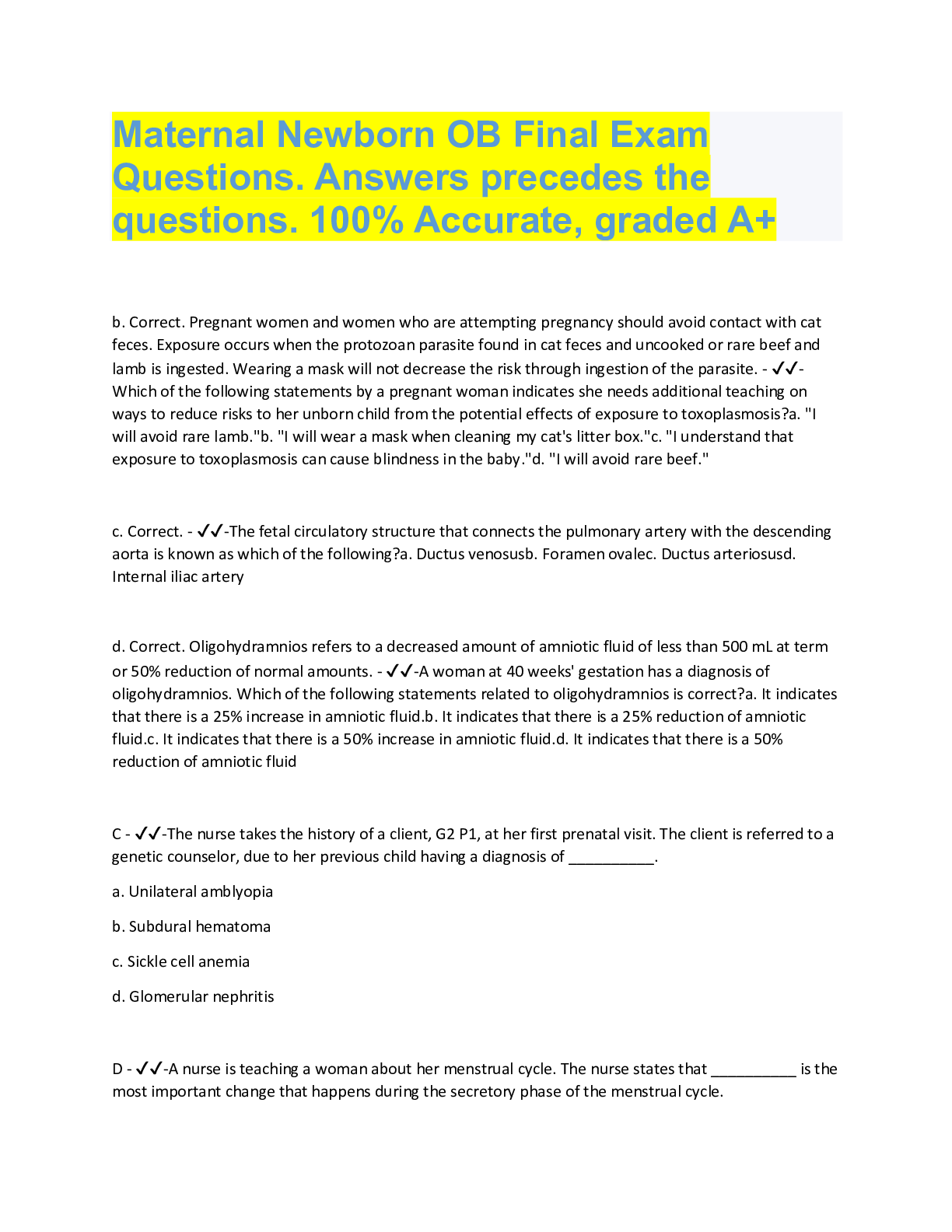 Preview image for Maternal Newborn OB Final Exam  Questions. Answers precedes the  questions. 100% Accurate, graded A+